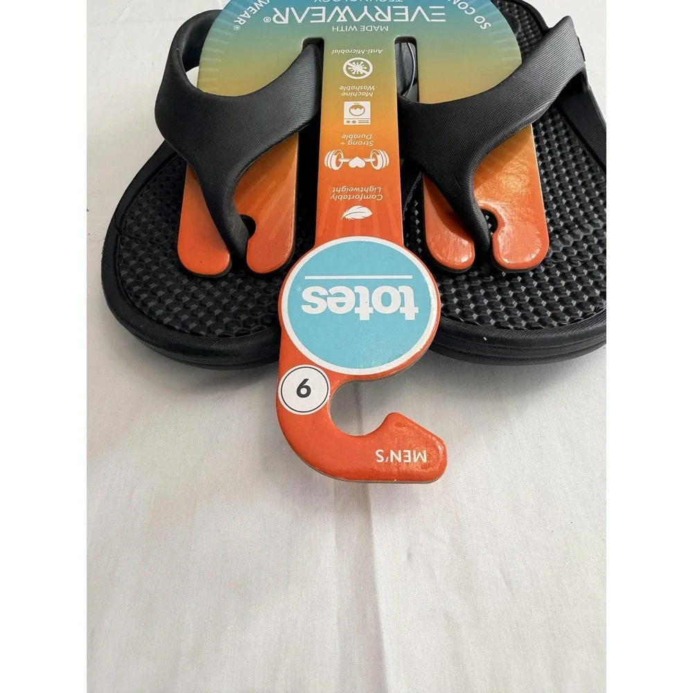 Totes Everywear Shoes Mens Size 9 Black Flip Flop Sandals‎ Lightweight New
